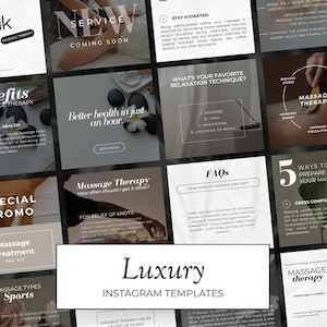 May include: A collage of Instagram story templates for a massage therapy business. The templates feature a black and white color scheme with a modern design. The text includes phrases like "Massage Therapy", "Stay Hydrated", "What's Your Favorite Relaxation Technique?" and "Luxury Instagram Templates".
