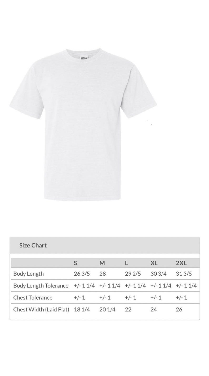 May include: A plain white short-sleeve t-shirt. The image includes a size chart with measurements in inches for body length and chest width, ranging from size S to 2XL.