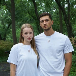 ukrainian man woman t-shirt, embroidered, support for ukraine, trident, tryzub, born to be free, cotton t-shirt, emblem, flags, coat of arms