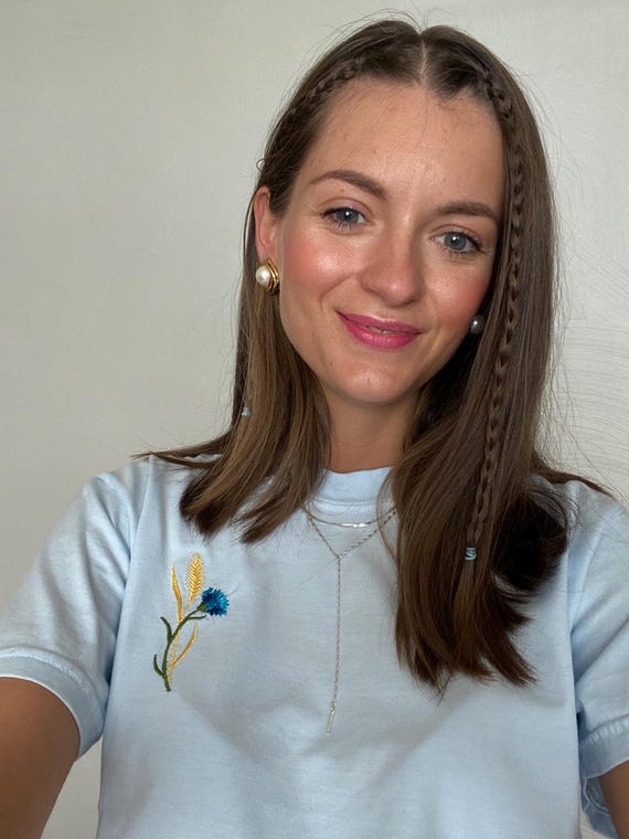 embroidered cornflower T-Shirt, comfort colours, wheatear, flowers, flower, gift,  spikilet, fall sunflower, ukraine, ukrainian design, flag
