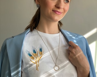 T shirt embroidered Ukrainian ears of corn, ukrainian symbols, flag, ukrainian shop, ukrainian seller, ukrainian gift, ukrainian colors