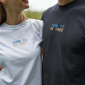 ukrainian man woman t-shirt, embroidered, support for ukraine, trident, tryzub, born to be free, cotton t-shirt, emblem, flags, coat of arms