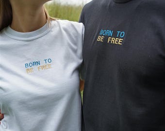 ukrainisch Mann Frau T-Shirt, gestickt, Unterstützung für die Ukraine, Dreizack, Tryzub, geboren um frei zu sein, Baumwoll-T-Shirt, Emblem, Flaggen, Wappen
