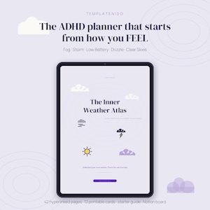 May include: A digital tablet displaying a planner titled The Inner Weather Atlas. The screen features weather icons like a sun, clouds, and lightning, with text including Fog, Storm, Low Battery, Drizzle, and Clear Skies. The interface includes a purple button and text noting 42 hyperlinked pages, 12 printable cards, a starter guide, and a Notion board.