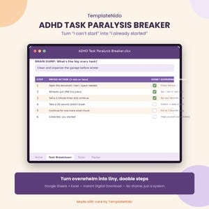 ADHD Task Paralysis Breaker | Task Initiation Planner Google Sheets | Executive Dysfunction | Body Doubling Timer | Neurodivergent