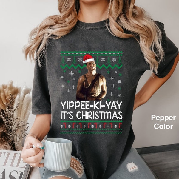 Yippee Ki-Yay It's Christmas Movie Quotes Comfort Colors T-shirt, John McClane Ugly Xmas, 80s Action Film Character Xmas Long Sleeves 2023