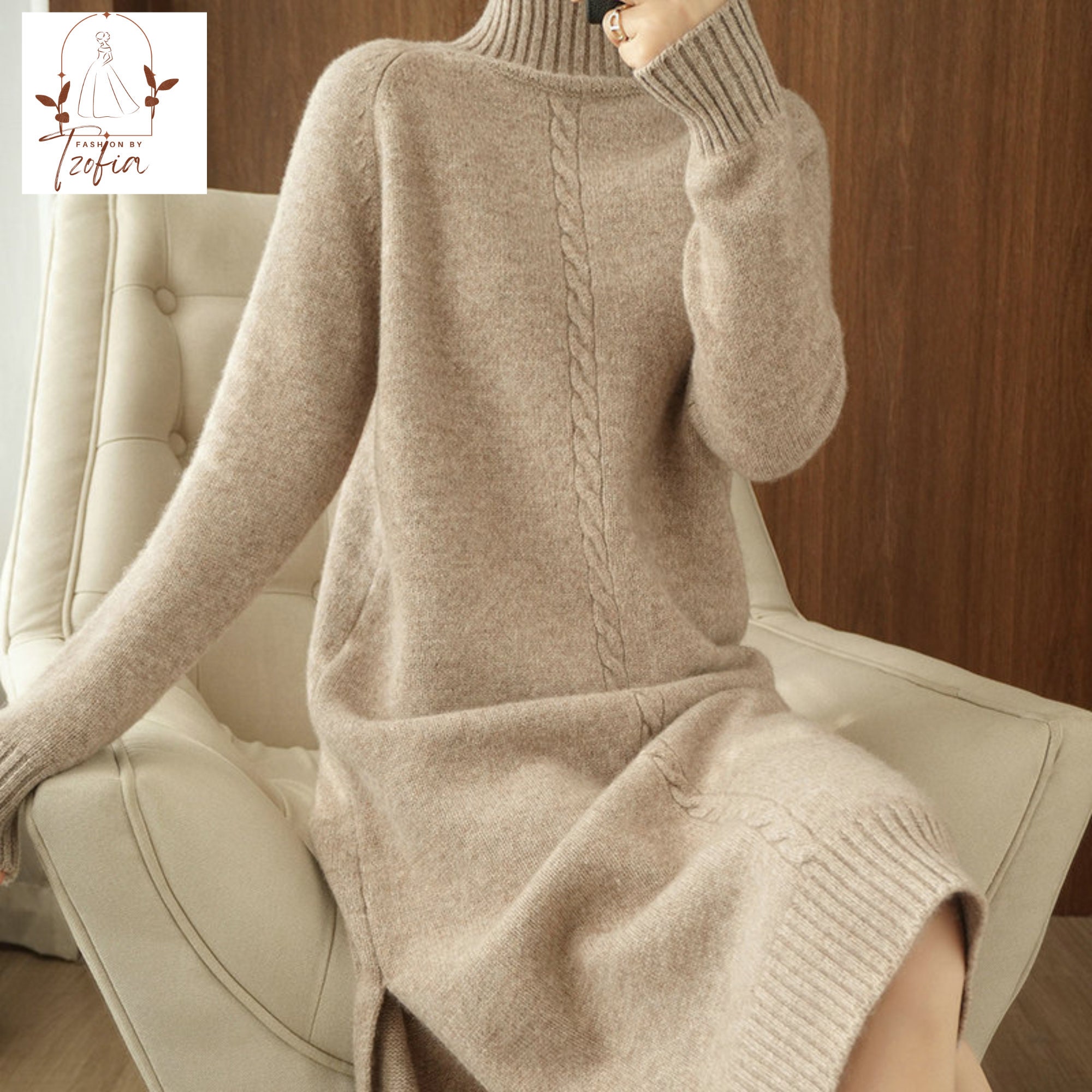 Cream Sweater Dress Women, Winter Dress, Wool Dress, Warm Tunic