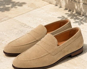 Men's Beige Suede Penny Loafers Handmade Leather Slip On Dress Wedding Formal Business Classic Luxury
