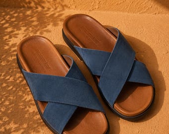 Handmade Blue Suede Leather Cross Strap Slippers for Men | Premium Comfortable Summer Slides | Casual Luxury Sandals