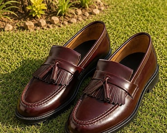 Brown Genuine Leather Tassel Loafers Handmade Slip On Dress Shoes for Men