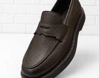 Mocassins penny marron foncé pour hommes, chaussures habillées en cuir véritable faites main classiques sans lacets