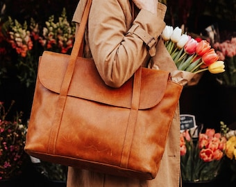 Leather Tote Bag for Women, Handmade Genuine Leather Shoulder Bag, Laptop  Work Bag, Everyday Purse, Gift for Her