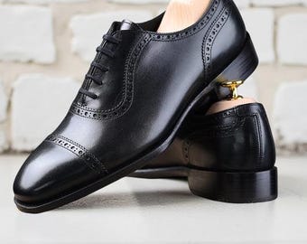 Men’s Black Leather Cap Toe Brogue Oxford Shoes Formal Wedding  Dress Shoes