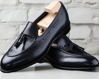 Men’s Black Tassel Loafers Leather Slip On Formal Dress Shoes Handmade Luxury Shoes