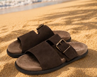 Handmade Brown Leather Double Strap Slides Adjustable Buckle Comfort Sandals Men Summer Casual Footwear