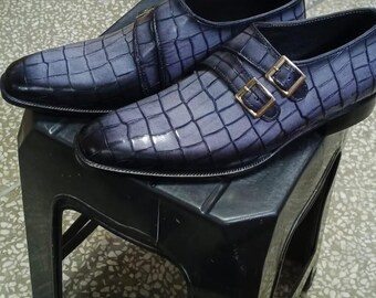 Black Gray Crocodile Leather Double Monk Strap Shoes Men Handmade Luxury Dress
