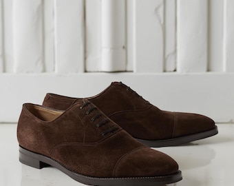 Men’s Dark Brown Suede Cap Toe Oxford Shoes Handmade Formal Dress Leather Shoes