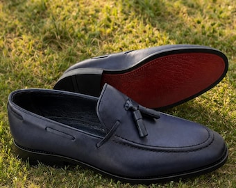 Classic Navy Blue Loafers Men Handmade Durable Leather Sole Formal Dress Footwear