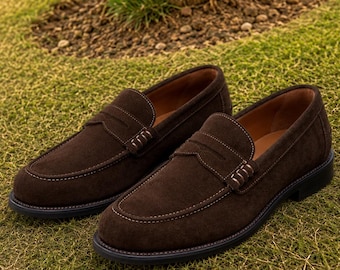 Men's Dark Brown Suede Penny Loafers Handmade Slip On Leather Dress Shoes
