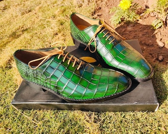 Green Crocodile Embossed Oxford Shoes Handmade Genuine Leather Men's Luxury Dress Shoes
