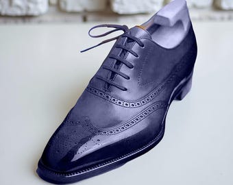 Men’s Navy Blue Wingtip Brogue Oxford Shoes Formal Lace Up Dress Shoes