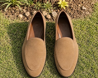 Beige Suede Leather Loafers Men Handmade Slip On Dress Shoes Wedding Formal