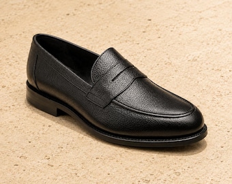 Men's Black Grain Leather Penny Loafers Handmade Slip On Dress Shoes Luxury