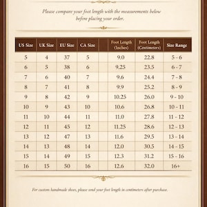 May include: Custom Ateliers international shoe size chart. Includes US, UK, EU, and CA sizes, with corresponding foot lengths in inches and centimeters. Sizes range from 5 to 16, with foot lengths from 9.0 inches (22.8 cm) to 12.6 inches (32.0 cm).