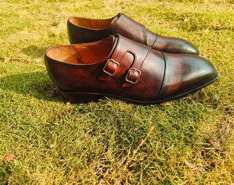 Men's Brown Double Monk Strap Shoes Handmade Genuine Leather Formal Dress Shoes