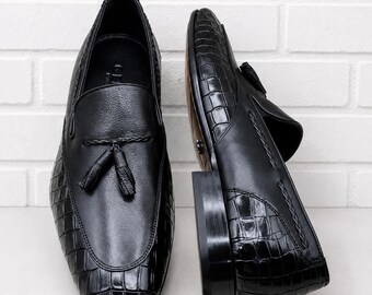 Handmade Black Crocodile Tassel Loafer Men Leather Dress Shoes, Luxury Formal Slip On shoes