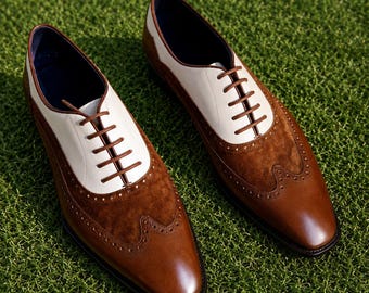 Brown Brogue Oxford Shoes, Men's Two Tone Leather Dress Shoes Formal Wedding Footwear