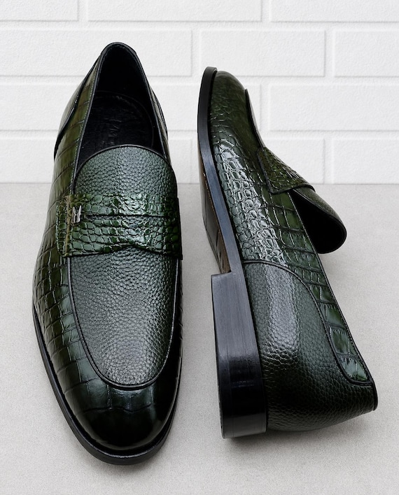 Men’s Green Crocodile Pattern Loafers Handmade Luxury Formal  Casual Dress Shoes