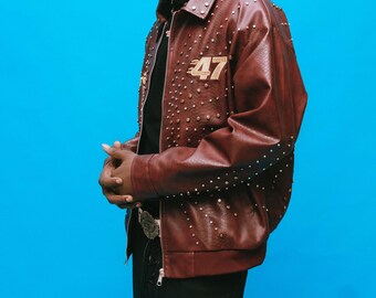 Men's Burgundy Studded Leather Bomber Jacket Handmade Zip Up Streetwear Fashion Jacket