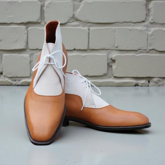 Tan White Two Tone Leather Suede Chukka Boots Men Handmade  display picture 2