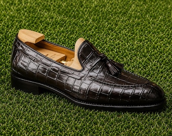 Black Crocodile Loafers Men's Tassel Dress Shoes Embossed Formal Footwear