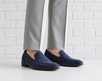 Mocasines de ante azul para hombre, cómodos, sin cordones, informales, elegantes, para la oficina y para el día a día.