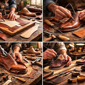 May include: A craftsman working on leather shoes. The image shows various stages of shoemaking, including cutting leather, stitching, and shaping. Tools like knives, hammers, and needles are visible, along with leather rolls and shoe lasts. The shoes are a rich brown color.