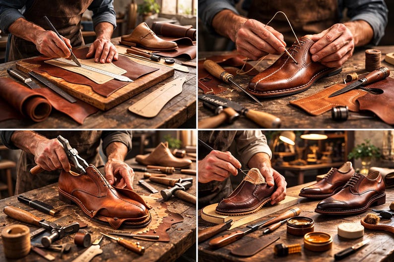May include: A craftsman working on leather shoes. The image shows various stages of shoemaking, including cutting leather, stitching, and shaping. Tools like knives, hammers, and needles are visible, along with leather rolls and shoe lasts. The shoes are a rich brown color.