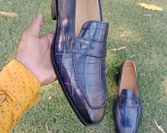 Men's Blue Crocodile Embossed Penny Loafers Handmade Genuine Leather Slip On Shoes