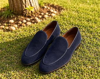 Navy Blue Suede Loafers Handmade Slip On Dress Shoes for Men