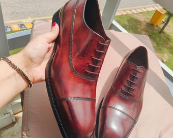 Men's Reddish Brown Cap Toe Oxford Shoes Handmade Leather Dress Wedding Formal Business Classic Luxury
