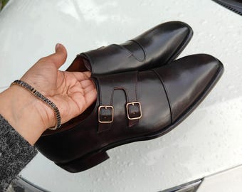 Men's Brown Double Monk Strap Shoes Handmade Leather Dress Wedding Formal Business Classic Oxford Luxury