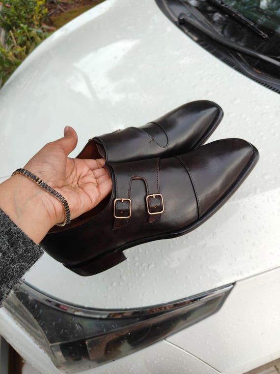 Men's Brown Double Monk Strap Shoes Handmade Leather Dress Wedding Formal Business Classic Oxford Luxury