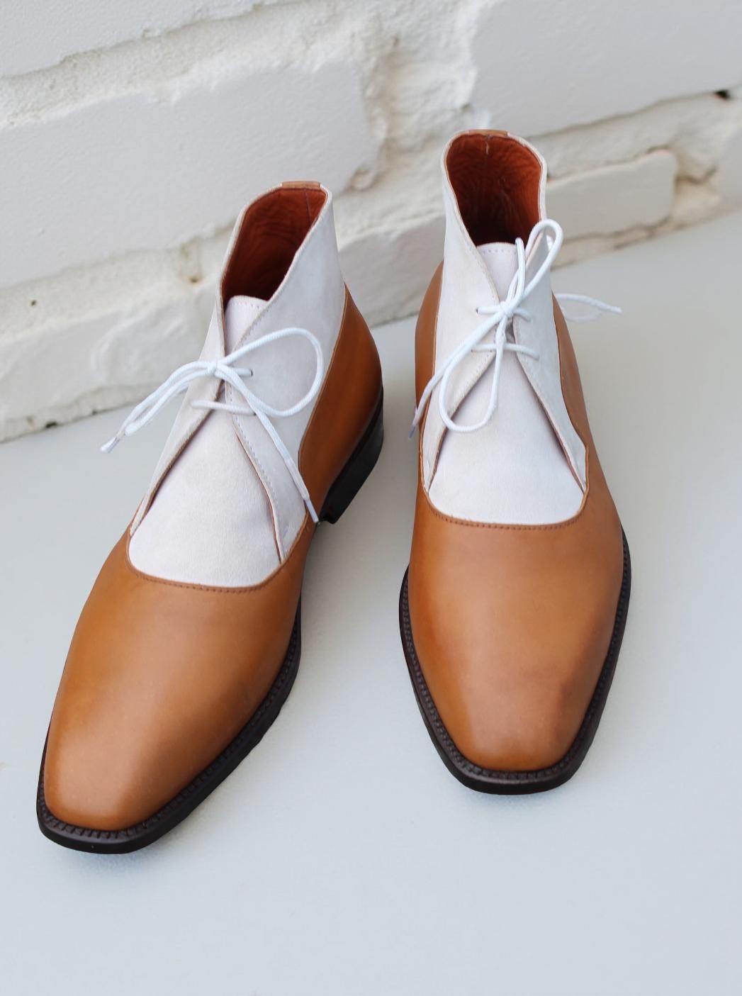 White Leather Men’s Chukka Boots with Tan Accents Cream Leather Sahara Step Chukka Desert Boots with Leather  main image 4