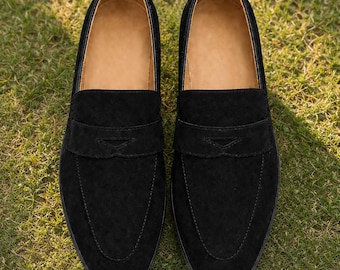 Men's Black Suede Penny Loafers Handmade Leather Slip On Dress Shoes Luxury Formal Loafers