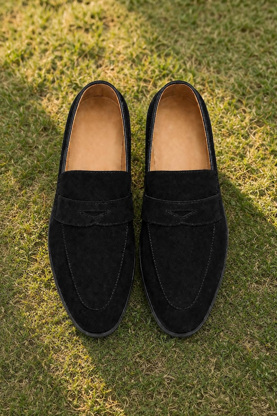Men's Black Suede Penny Loafers Handmade Leather Slip On Dress Shoes Luxury Formal Loafers