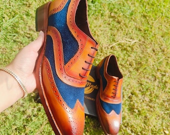 Men Two Tone Oxford Wingtip Brogue Shoes, Handmade Brown Leather Navy Blue Suede Formal Wedding Footwear