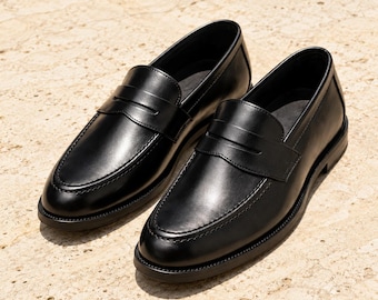 Black Penny Loafers Handmade Leather Slip On Dress Shoes for Men