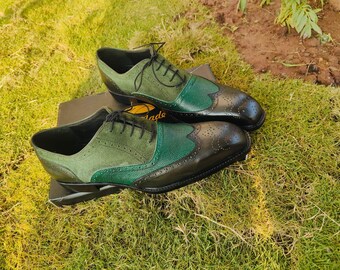Men Green Oxford Wingtip Brogue Shoes, Handmade Two Tone Leather Suede Formal Wedding Footwear