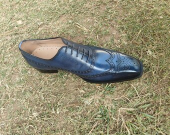 Men's Blue Wingtip Brogue Oxford Shoes Handmade Genuine Leather Dress Shoes Formal